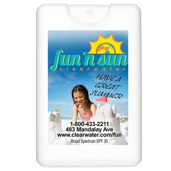 Solid white credit card shaped bottle with SPF30 vanilla sunscreen spray.... from ASI 62660 Innovation Line