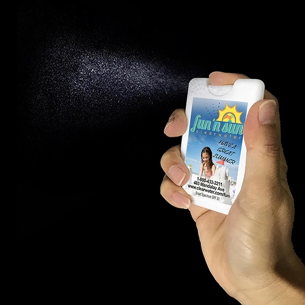 Solid white credit card shaped bottle with SPF30 vanilla sunscreen spray.... from ASI 62660 Innovation Line