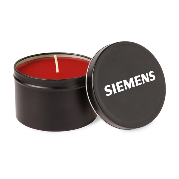 Round metal tin with a lid and wax candle inside; offered... from ASI 44900 NC Custom (CI/Lanco) / Lanco