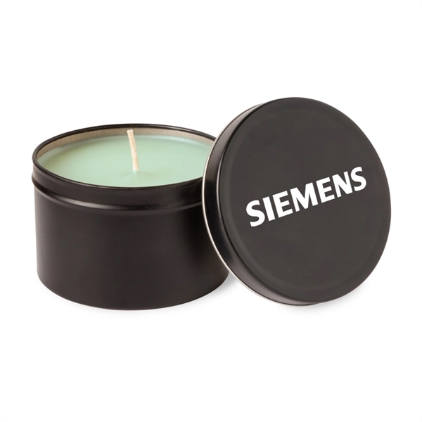 Round metal tin with a lid and wax candle inside; offered... from ASI 44900 NC Custom (CI/Lanco) / Lanco