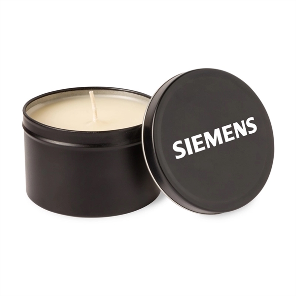 Round metal tin with a lid and wax candle inside; offered... from ASI 44900 NC Custom (CI/Lanco) / Lanco