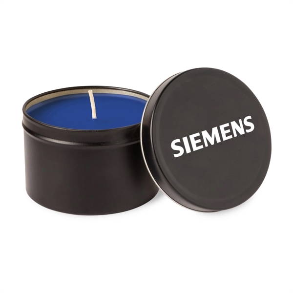 Round metal tin with a lid and wax candle inside; offered... from ASI 44900 NC Custom (CI/Lanco) / Lanco