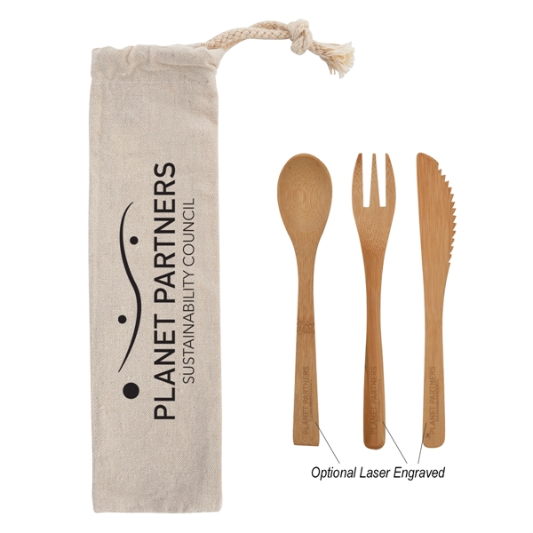 Bamboo fork, spoon and knife in a travel pouch... from ASI 61125 Hit Promotional Products