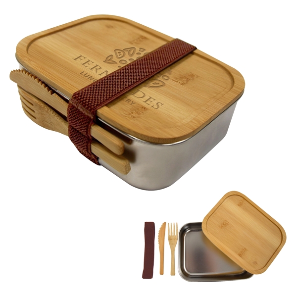 Sophisticate stainless and bamboo bento box for storing food for later... from ASI 61125 Hit Promotional Products / Hit®