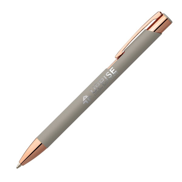 Metal ballpoint pen with soft-touch barrel, gold rose accents and pocket... from ASI 62088 IDProductsource