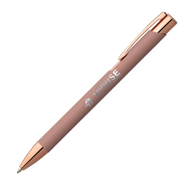 Metal ballpoint pen with soft-touch barrel, gold rose accents and pocket... from ASI 62088 IDProductsource