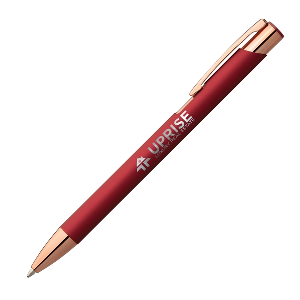 Metal ballpoint pen with soft-touch barrel, gold rose accents and pocket... from ASI 62088 IDProductsource