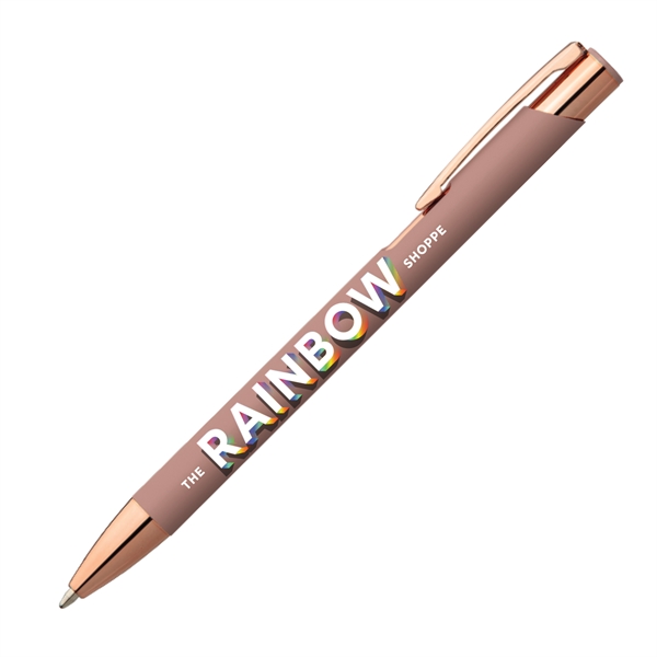 Metal ballpoint pen with soft-touch barrel, gold rose accents and pocket... from ASI 62088 IDProductsource