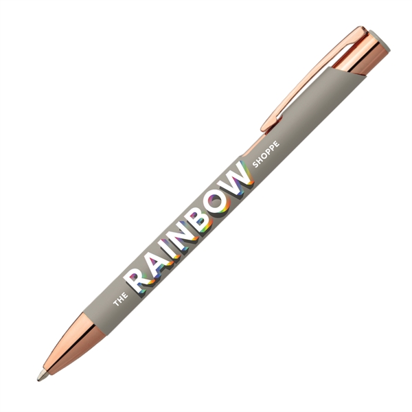 Metal ballpoint pen with soft-touch barrel, gold rose accents and pocket... from ASI 62088 IDProductsource