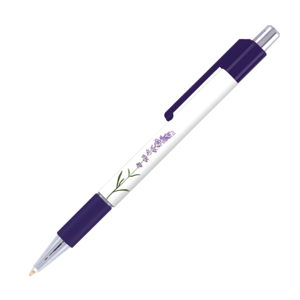 Plastic plunger-action ballpoint pen with comfort grip and pocket clip.... from ASI 62088 IDProductsource