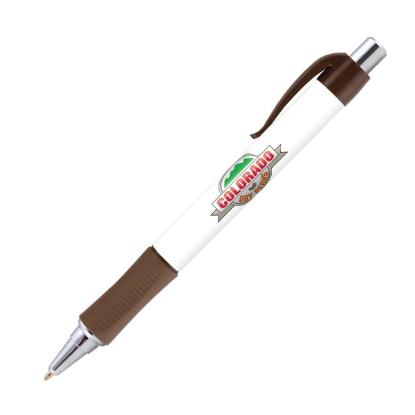 Plunger action plastic ballpoint pen with round design, textured grip and... from ASI 62088 IDProductsource