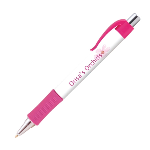 Plunger action plastic ballpoint pen with round design, textured grip and... from ASI 62088 IDProductsource