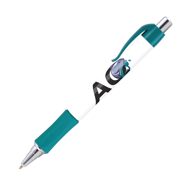 Plunger action plastic ballpoint pen with round design, textured grip and... from ASI 62088 IDProductsource