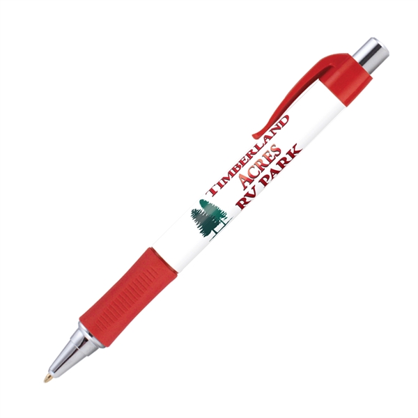 Plunger action plastic ballpoint pen with round design, textured grip and... from ASI 62088 IDProductsource