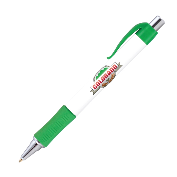 Plunger action plastic ballpoint pen with round design, textured grip and... from ASI 62088 IDProductsource