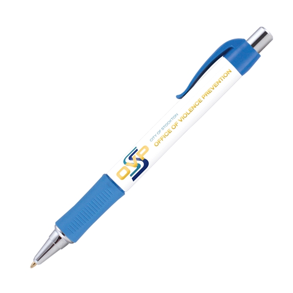 Plunger action plastic ballpoint pen with round design, textured grip and... from ASI 62088 IDProductsource