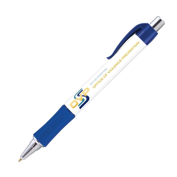 Plunger action plastic ballpoint pen with round design, textured grip and... from ASI 62088 IDProductsource