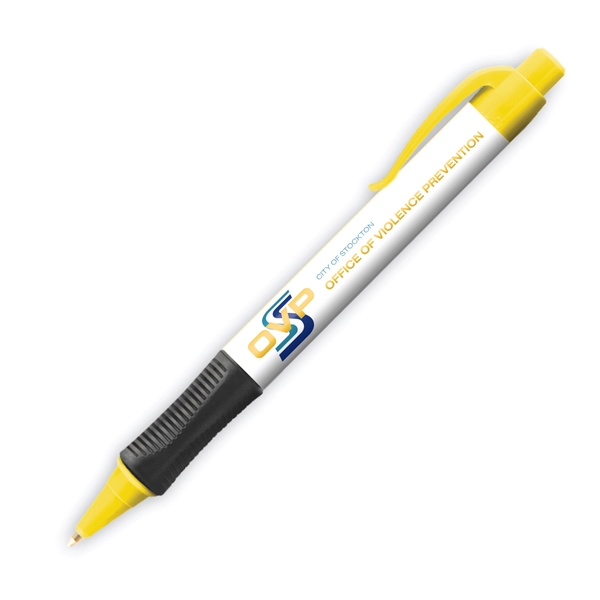 Plastic plunger-action ballpoint pen with colored trim and comfort grip.... from ASI 62088 IDProductsource