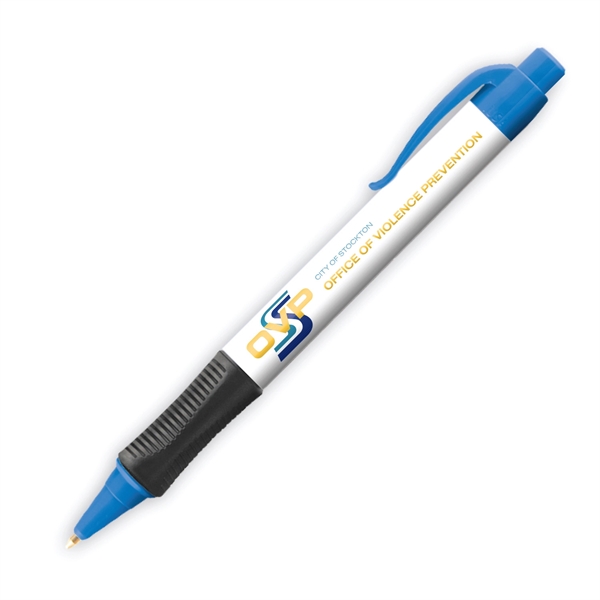Plastic plunger-action ballpoint pen with colored trim and comfort grip.... from ASI 62088 IDProductsource