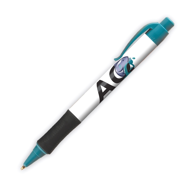 Plastic plunger-action ballpoint pen with colored trim and comfort grip.... from ASI 62088 IDProductsource