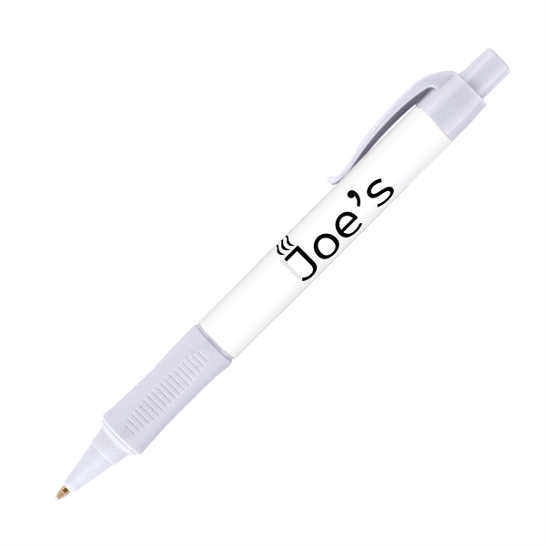 Plastic plunger-action ballpoint pen with colored trim, comfort grip and pocket... from ASI 62088 IDProductsource