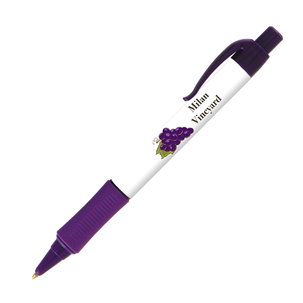 Plastic plunger-action ballpoint pen with colored trim, comfort grip and pocket... from ASI 62088 IDProductsource