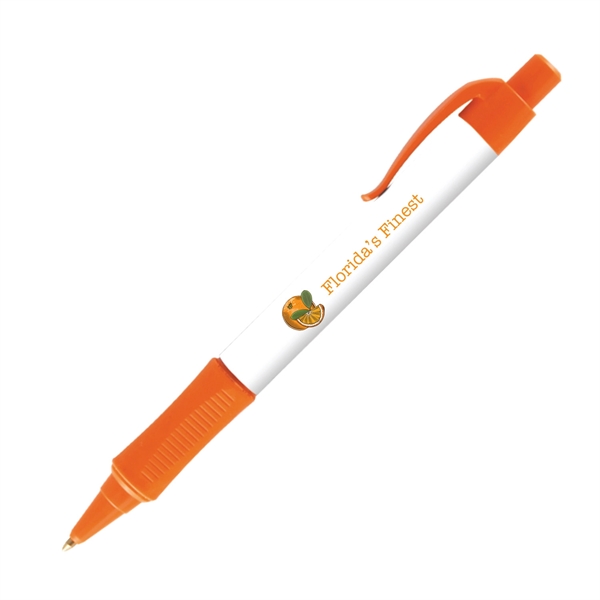 Plastic plunger-action ballpoint pen with colored trim, comfort grip and pocket... from ASI 62088 IDProductsource
