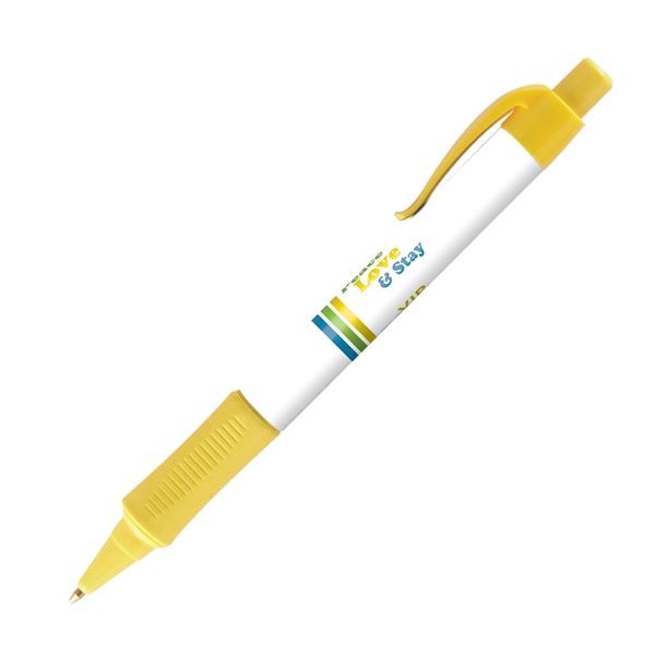 Plastic plunger-action ballpoint pen with colored trim, comfort grip and pocket... from ASI 62088 IDProductsource