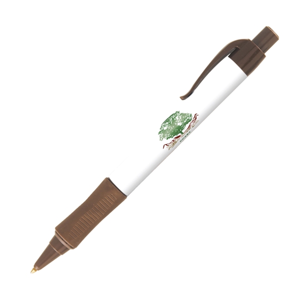 Plastic plunger-action ballpoint pen with colored trim, comfort grip and pocket... from ASI 62088 IDProductsource