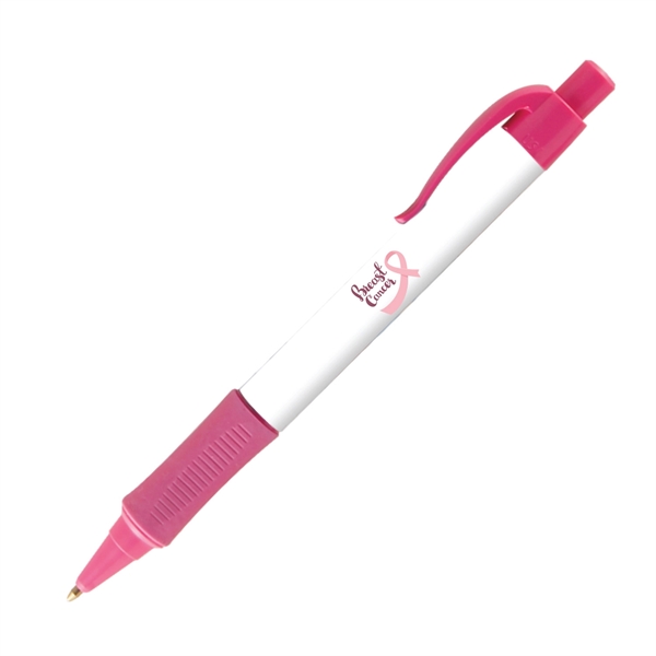 Plastic plunger-action ballpoint pen with colored trim, comfort grip and pocket... from ASI 62088 IDProductsource