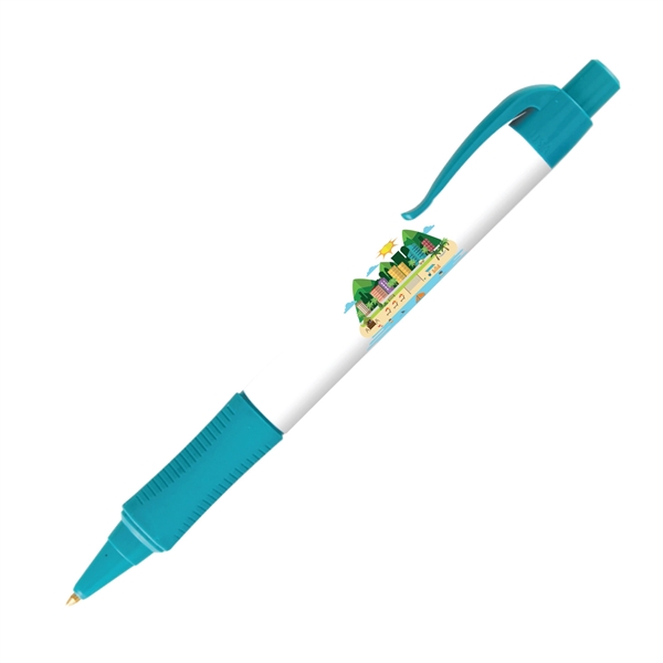 Plastic plunger-action ballpoint pen with colored trim, comfort grip and pocket... from ASI 62088 IDProductsource