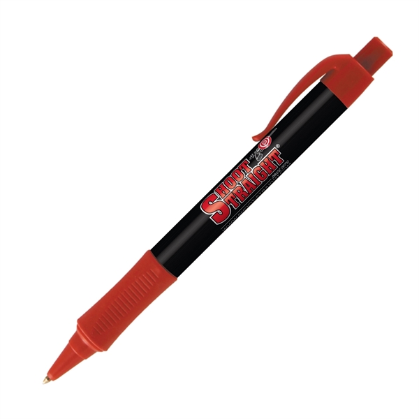 Plastic plunger-action ballpoint pen with colored trim, comfort grip and pocket... from ASI 62088 IDProductsource