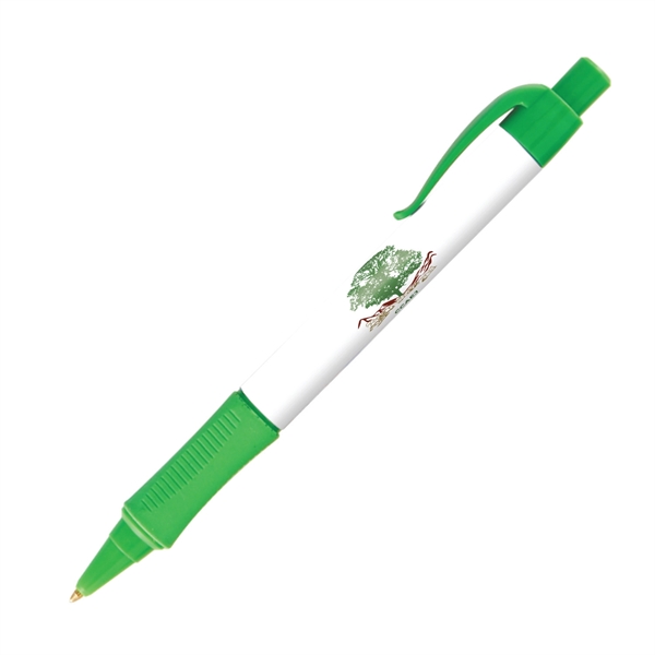 Plastic plunger-action ballpoint pen with colored trim, comfort grip and pocket... from ASI 62088 IDProductsource