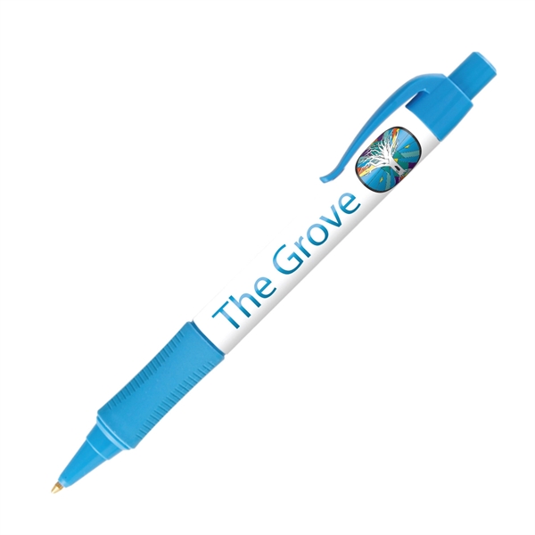 Plastic plunger-action ballpoint pen with colored trim, comfort grip and pocket... from ASI 62088 IDProductsource