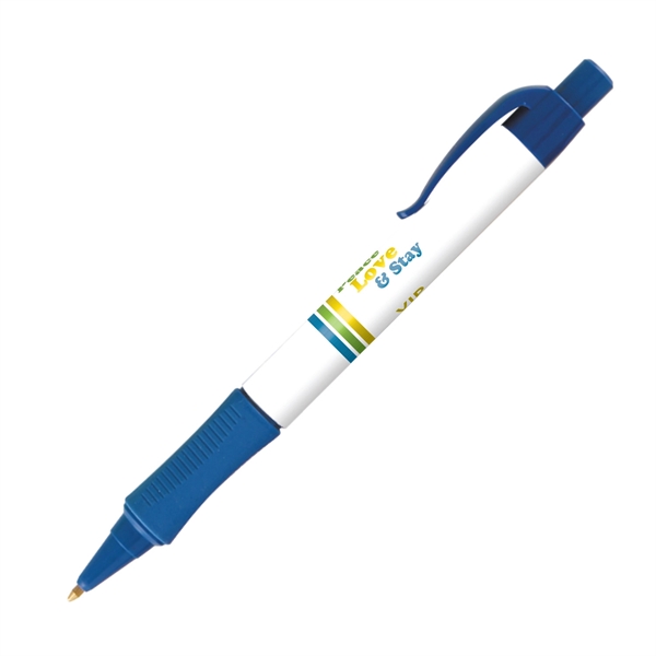 Plastic plunger-action ballpoint pen with colored trim, comfort grip and pocket... from ASI 62088 IDProductsource