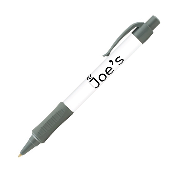 Plastic plunger-action ballpoint pen with colored trim, comfort grip and pocket... from ASI 62088 IDProductsource