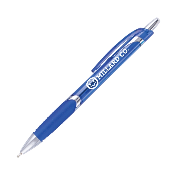 5.67" x 0.45" x 1.41" plastic plunger-action pen with metallic trim,... from ASI 62088 IDProductsource
