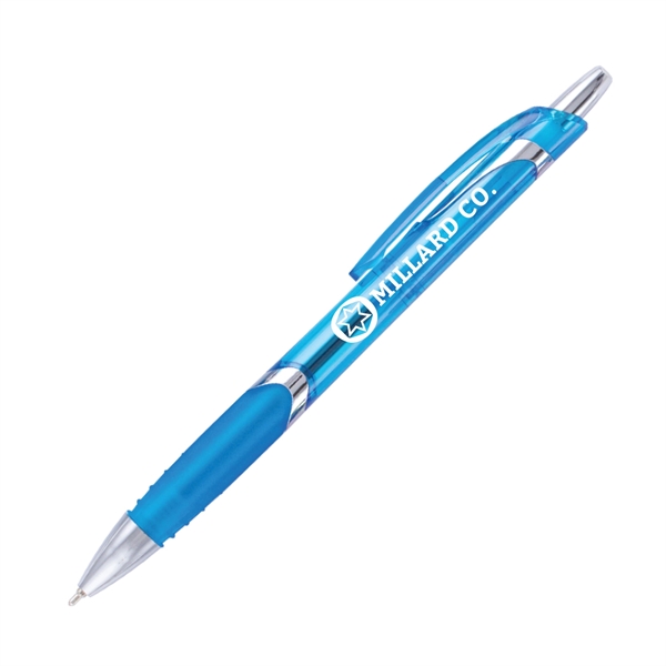 5.67" x 0.45" x 1.41" plastic plunger-action pen with metallic trim,... from ASI 62088 IDProductsource