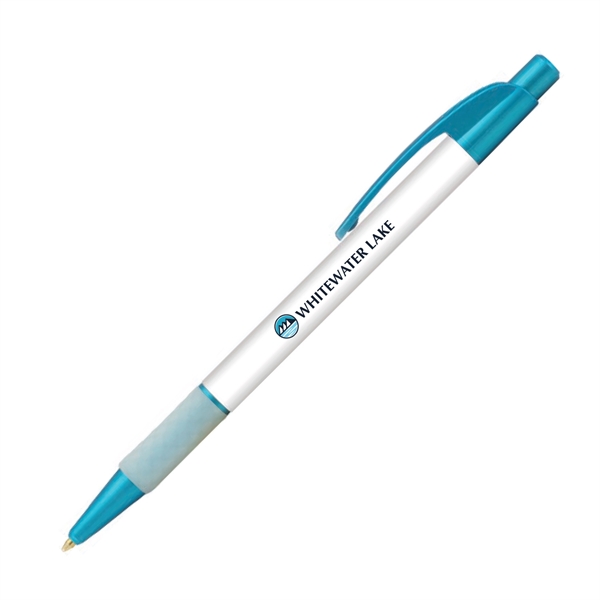 Plastic ballpoint plunger pen with metallic barrel and pocket clip.... from ASI 62088 IDProductsource
