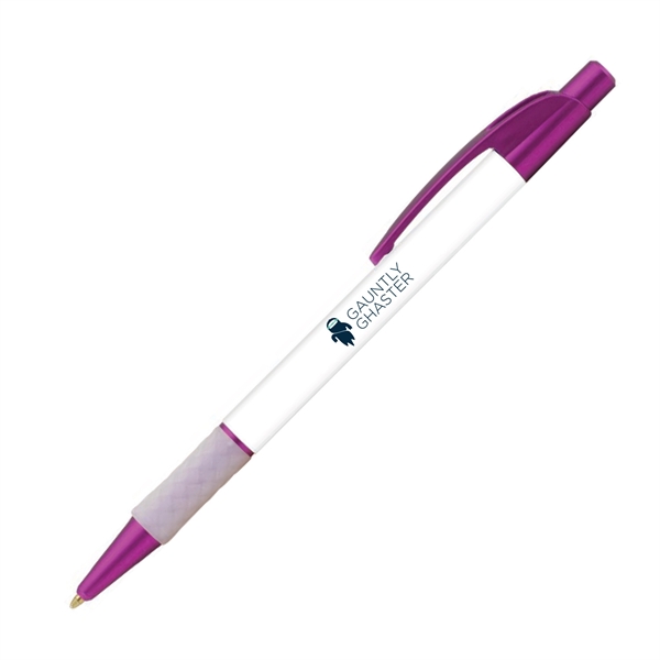 Plastic ballpoint plunger pen with metallic barrel and pocket clip.... from ASI 62088 IDProductsource