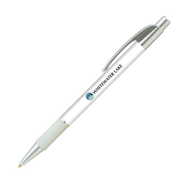 Plastic ballpoint plunger pen with metallic barrel and pocket clip.... from ASI 62088 IDProductsource