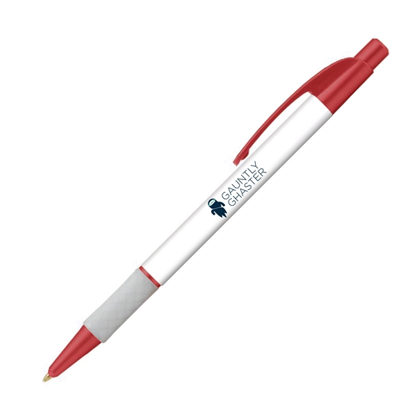 Plastic ballpoint plunger pen with metallic barrel and pocket clip.... from ASI 62088 IDProductsource