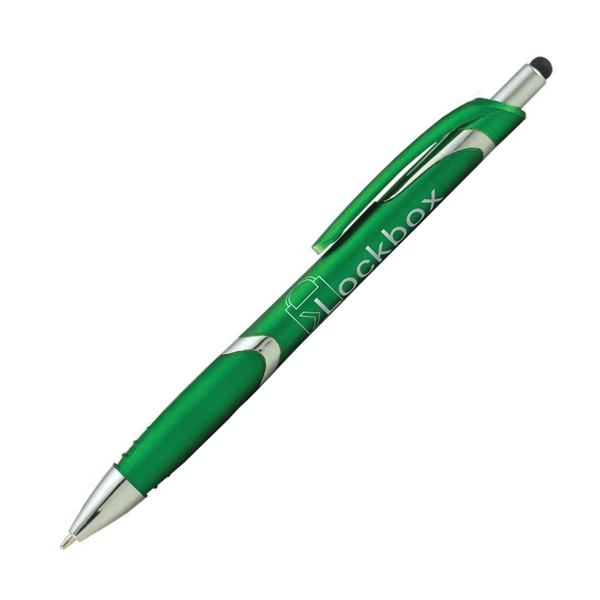 Metallic plunger-action ballpoint pen with device stylus.... from ASI 62088 IDProductsource