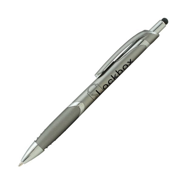 Metallic plunger-action ballpoint pen with device stylus.... from ASI 62088 IDProductsource