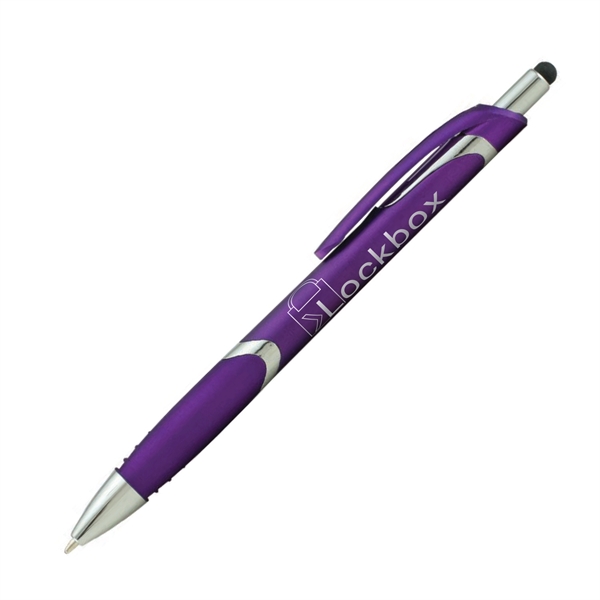 Metallic plunger-action ballpoint pen with device stylus.... from ASI 62088 IDProductsource