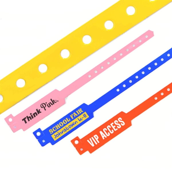 Custom wide-faced vinyl wristbands with locking snap and adjustable holes.... from ASI 62088 IDProductsource