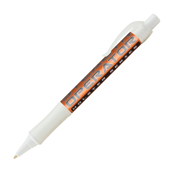 Plastic plunger-action ballpoint pen with wraparound imprint, pocket clip and textured... from ASI 62088 IDProductsource