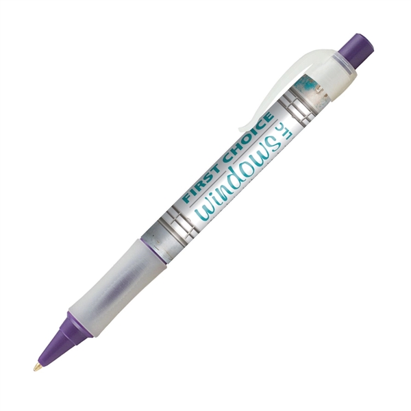 Plastic plunger-action ballpoint pen with wraparound imprint, pocket clip and textured... from ASI 62088 IDProductsource
