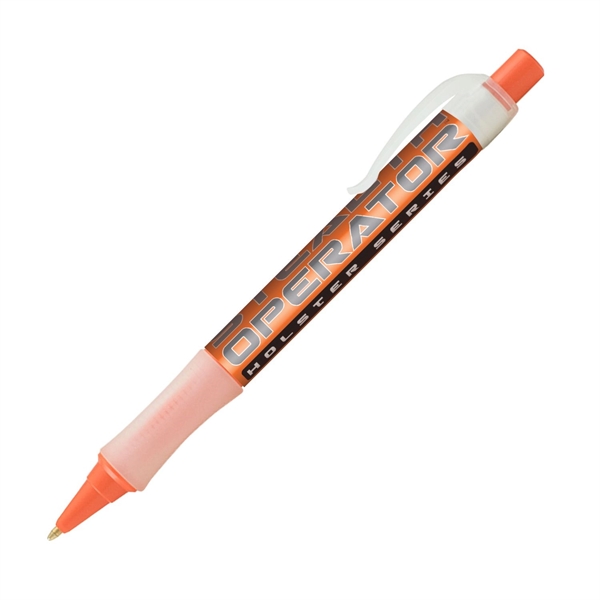 Plastic plunger-action ballpoint pen with wraparound imprint, pocket clip and textured... from ASI 62088 IDProductsource