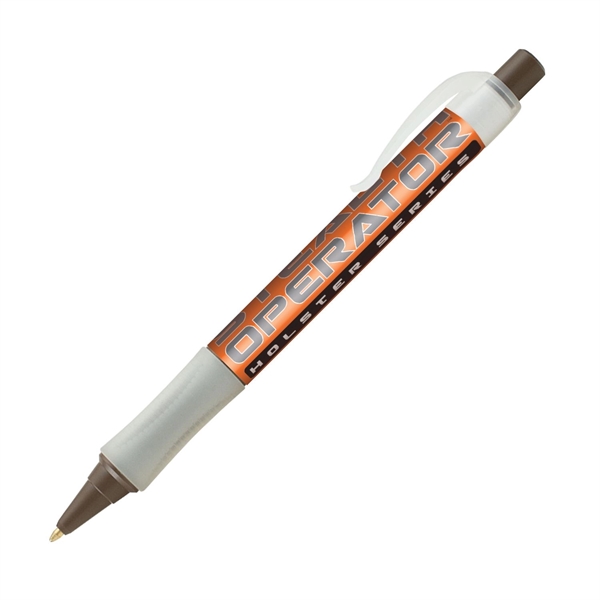 Plastic plunger-action ballpoint pen with wraparound imprint, pocket clip and textured... from ASI 62088 IDProductsource